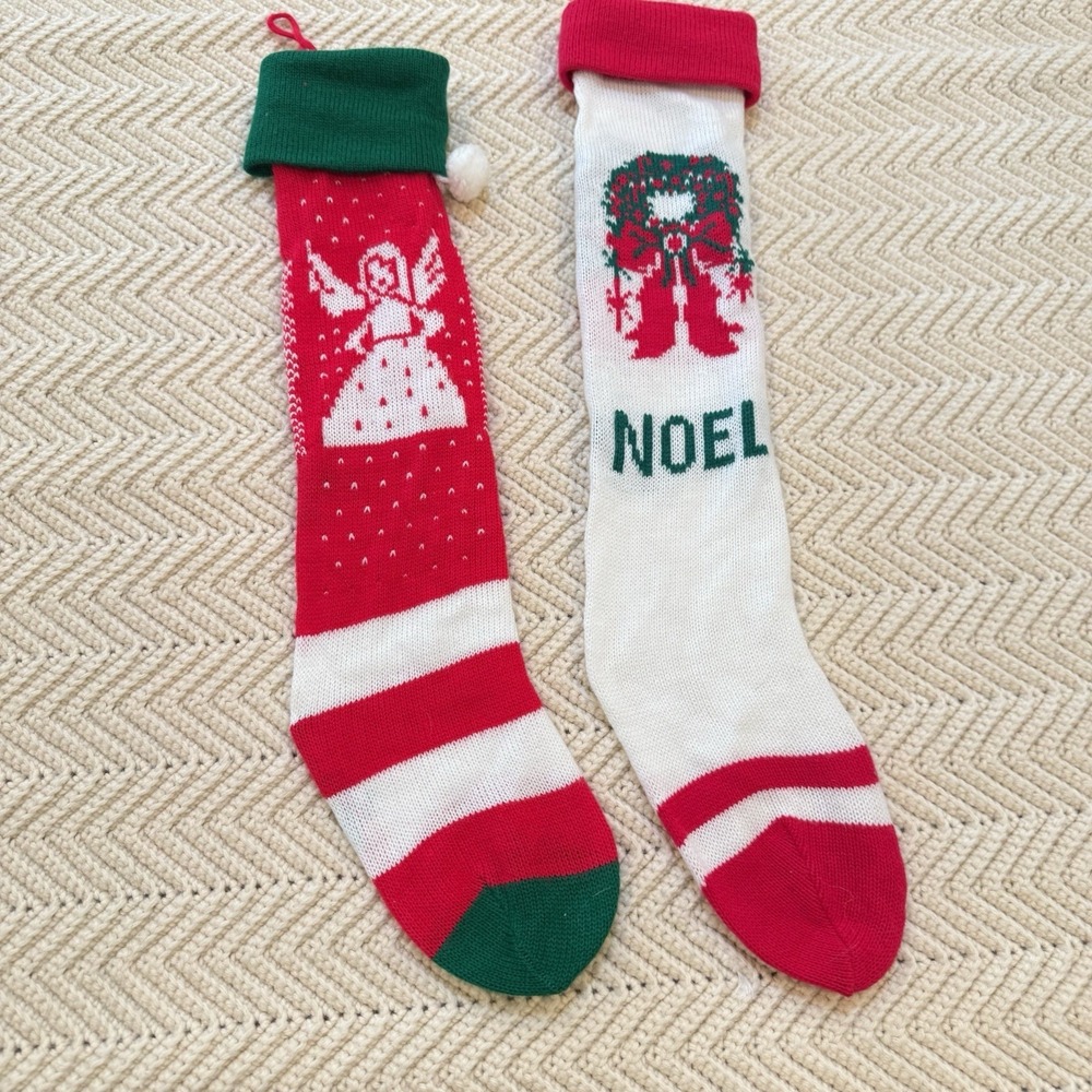 2 Vintage Knitted Christmas Stockings Noel Angel Red Green White Hanging Lot